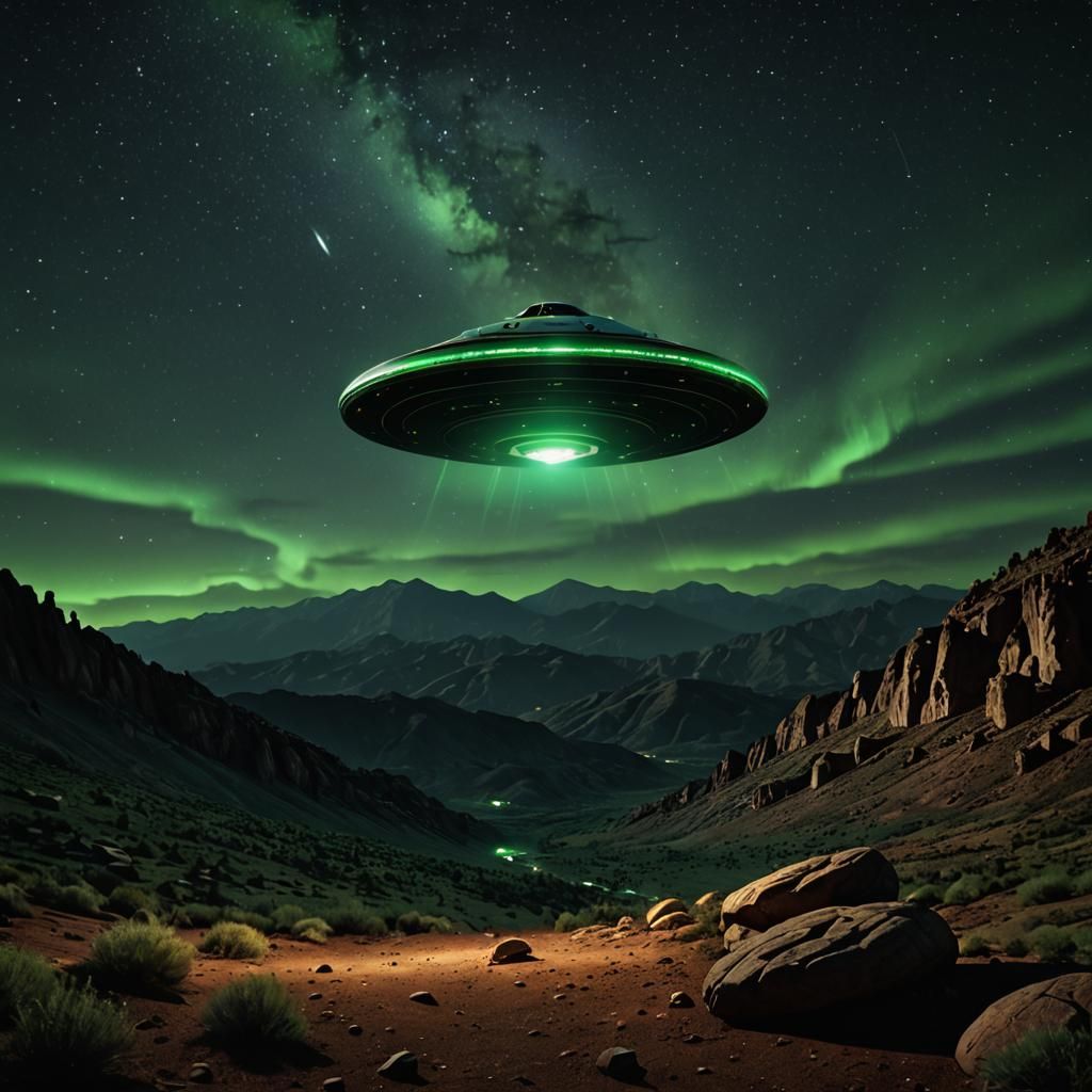 Realistic Flying Saucer Over Rugged Terrain