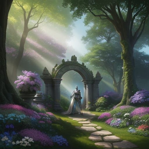Knight Awakes in Enchanted Garden with Ethereal Aura