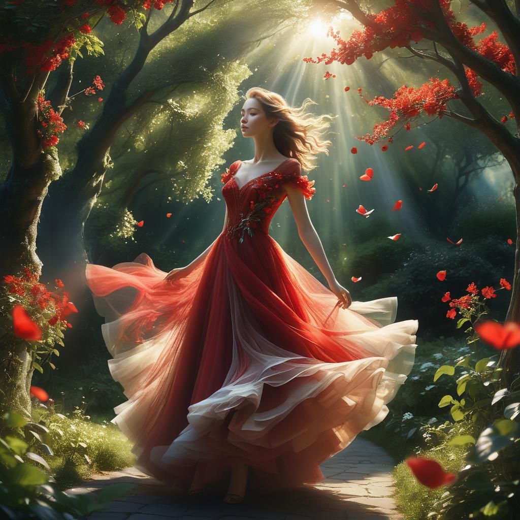 Red Dress Floats in Lush Fantasy Garden