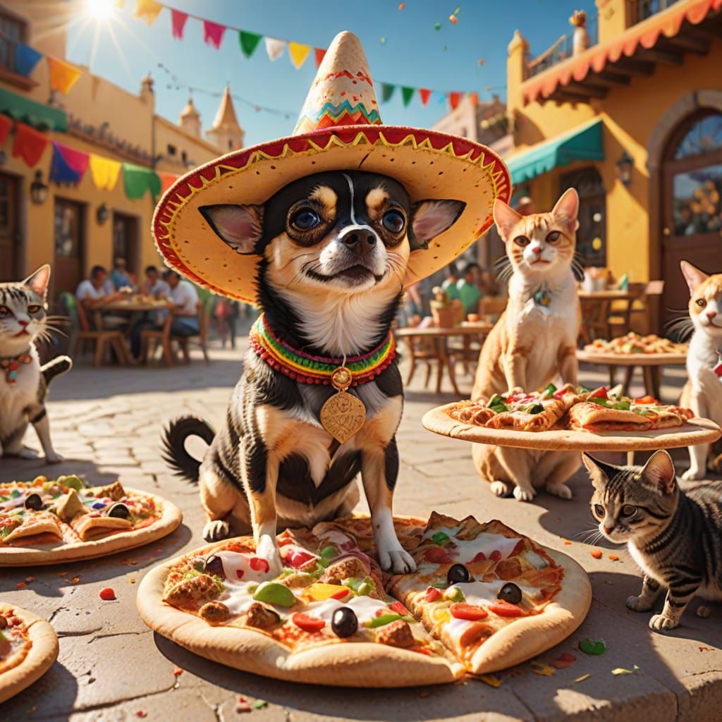 Chihuahua Fiesta: Pizza, Sombrero, and Cats in Plaza