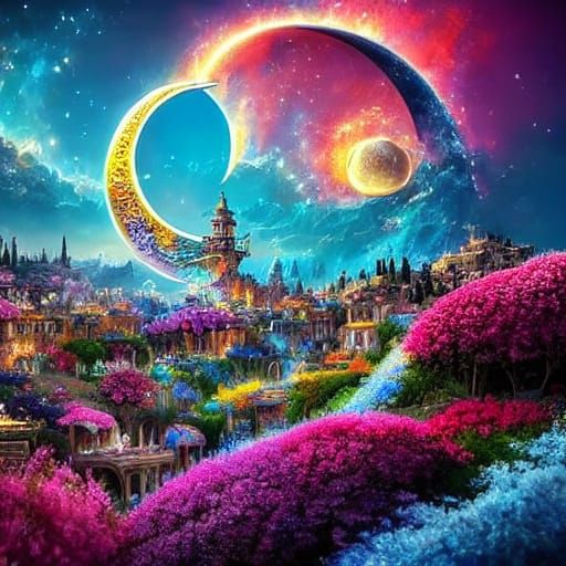 Fantasy Crescent Moon Village in Digital Art Style