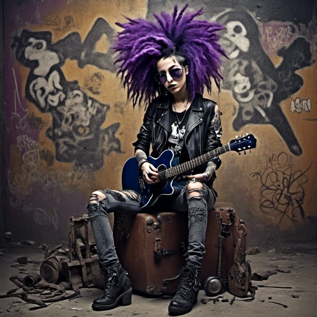 Rocker Chick with Purple Hair in Punk Style