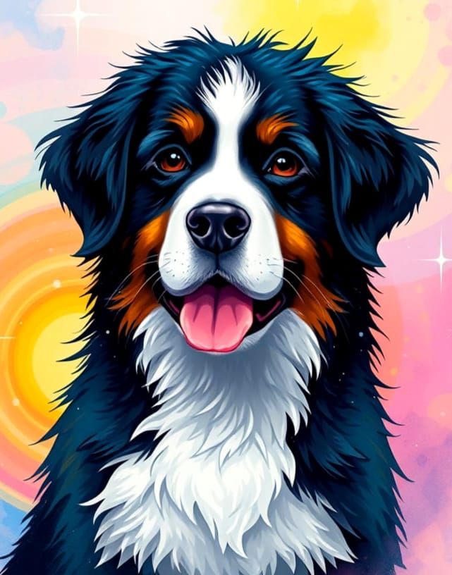 Delicate Fantasy Portrait of a Happy Bernese Mountain Dog