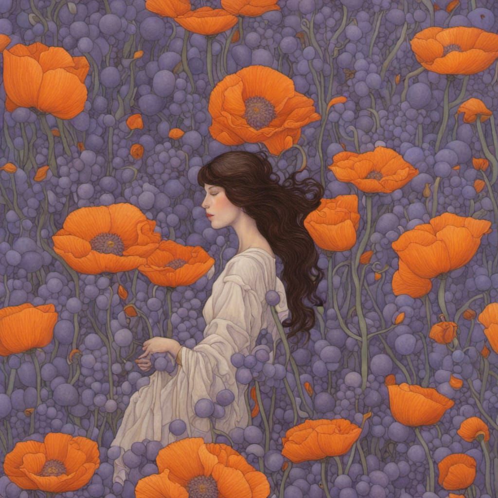 Ana Juan Mark Henson with softer blended woman in white orange poppies grapes dark lavender illustration Gustav Klimt fi...