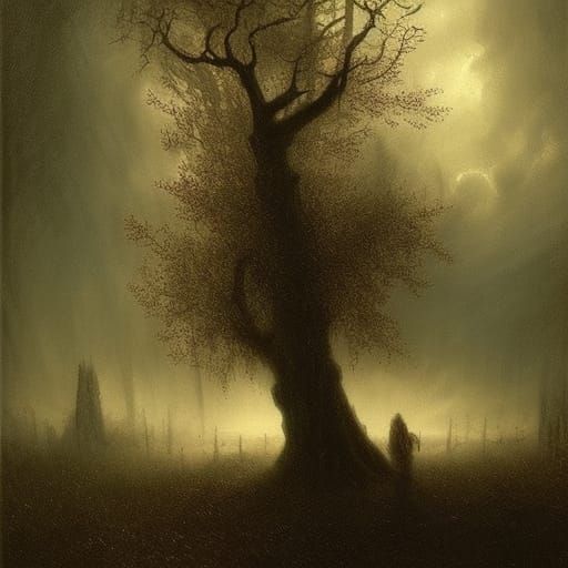 Creepy Oak Tree in Horror Engraving Style