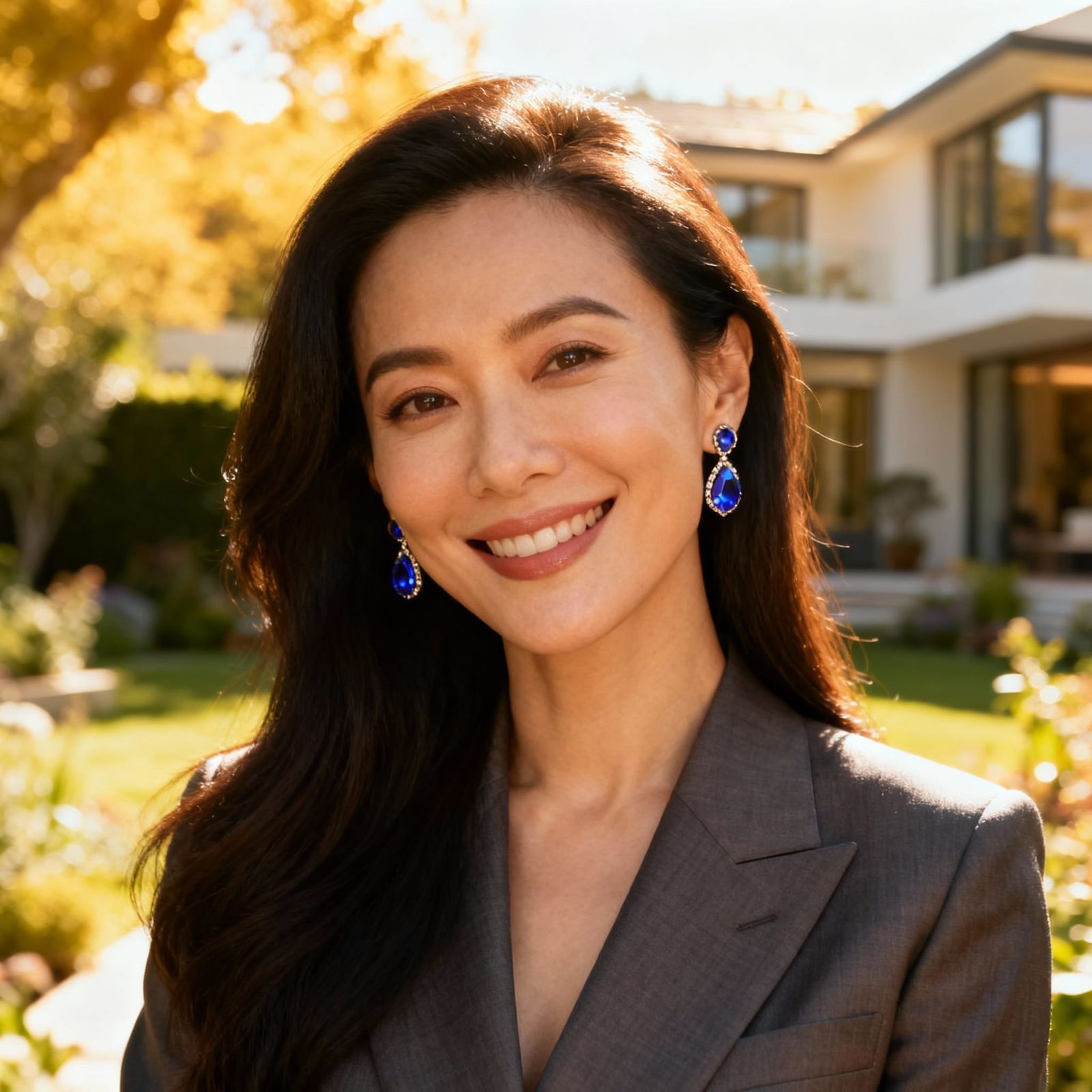 Elegant Woman in Sunlit Garden with Modern House