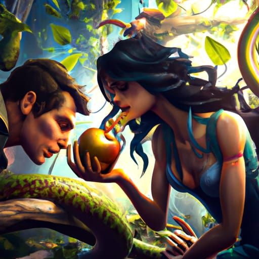 Adam and eve eating the forbiden fruit while the devil snake crys
