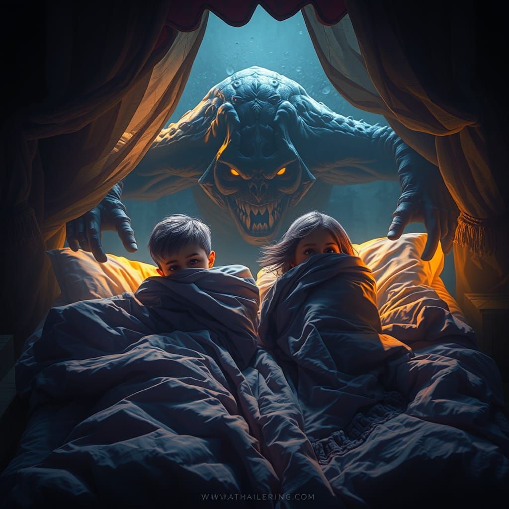 Children Afraid of Monster Under Bed, Dark Fantasy Art