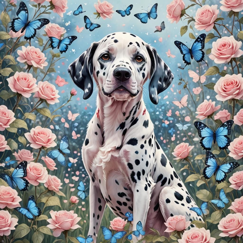 Anime Dalmatian in Rose Field with Butterflies