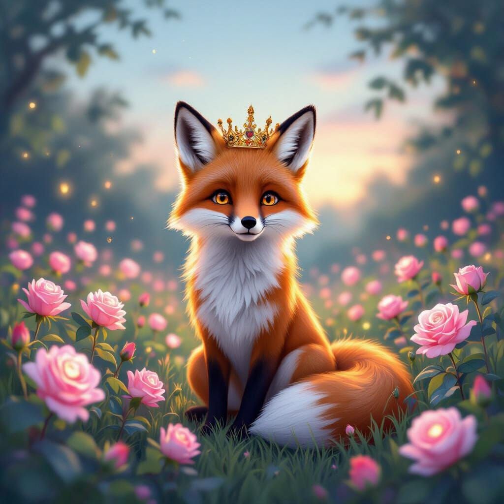 Anthropomorphic Fox in Crown with Glowing Roses