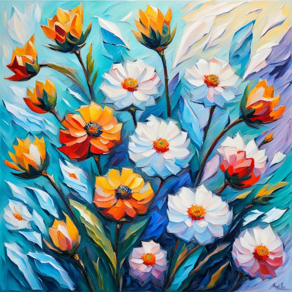 Icy Flowers in Expressionist Impasto Oil Painting