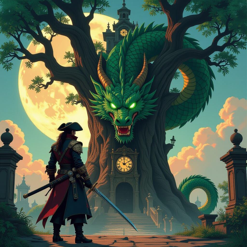 Tiger Pirate Captain and Dragon in Fantasy Landscape