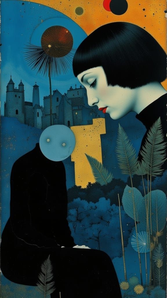 Ethereal Blue Realm with Copper Iridescence and Whirling Fol...