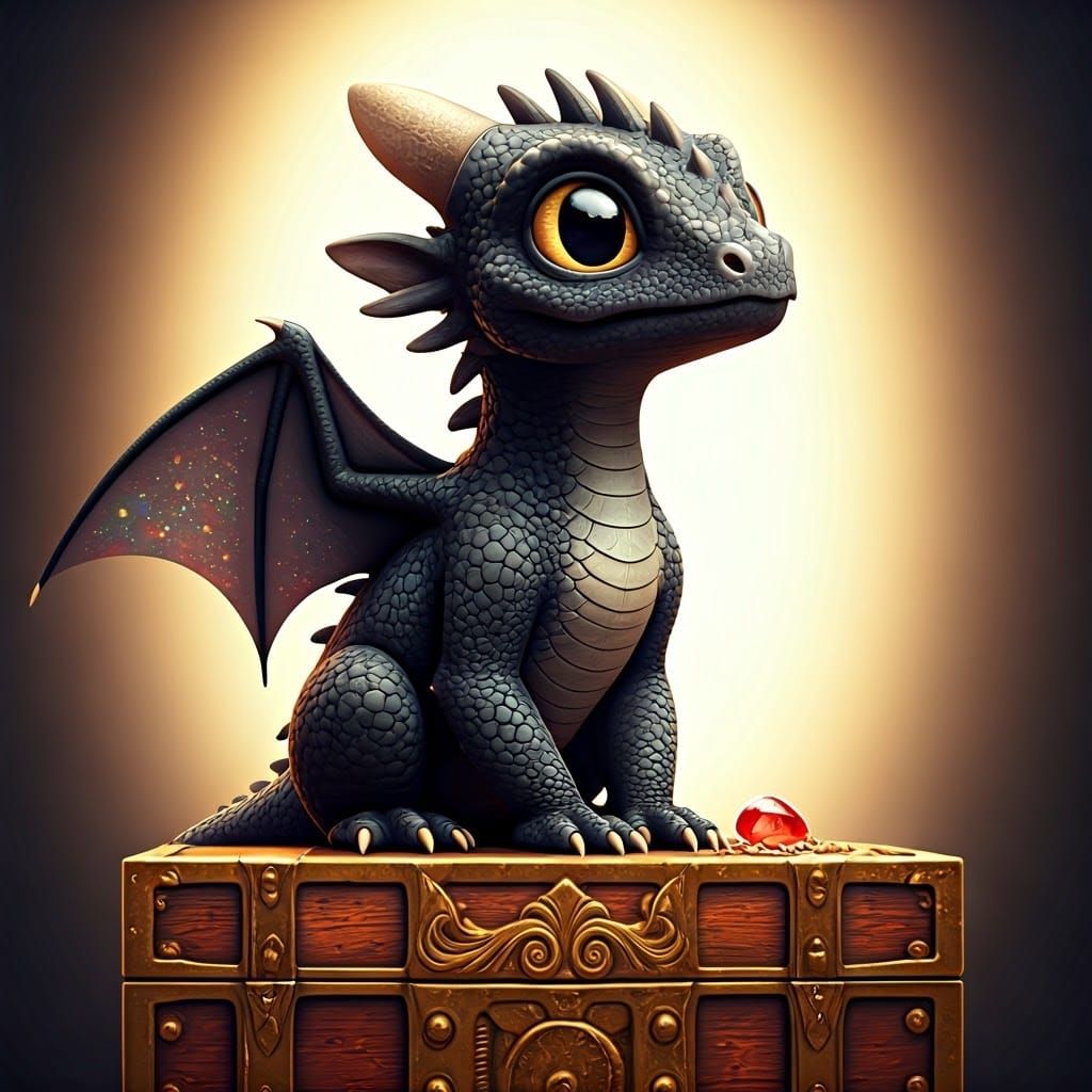 Baby Black Dragon on Treasure Chest in 3D