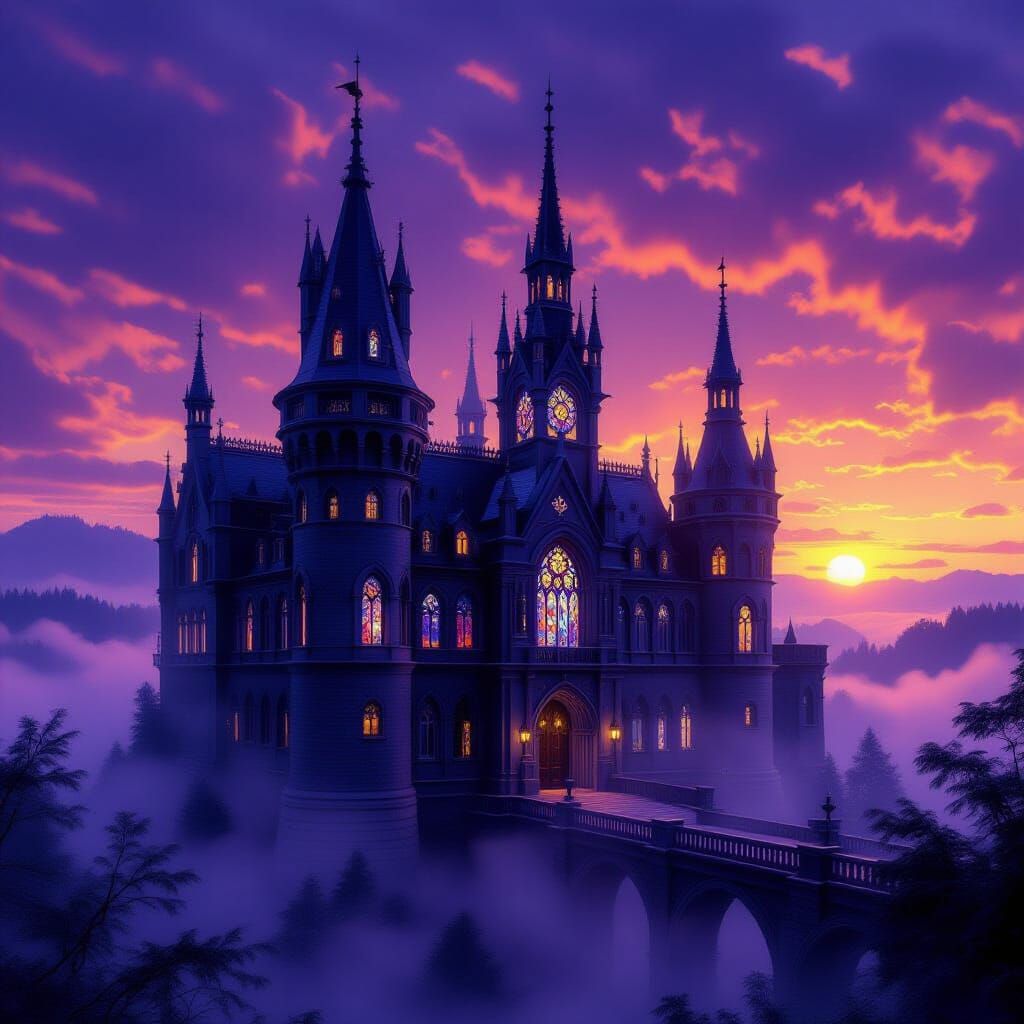 Gothic Castle at Sunset in Dark Fantasy Style