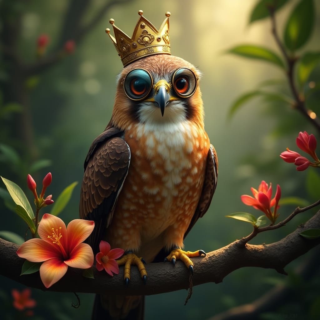 Hawk with Crown and Goggles in Hyperrealistic Portrait
