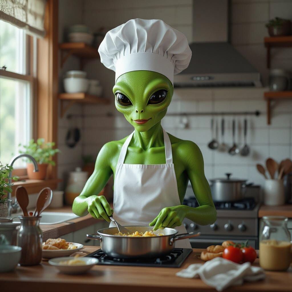 Green Alien Chef in Cozy Kitchen, Photorealistic Style
