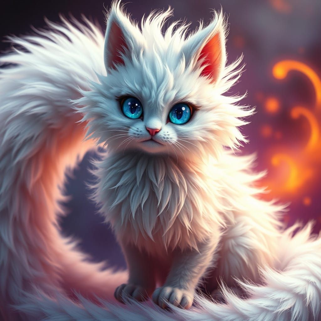 Majestic White Cat-Dragon Hybrid with Glowing Blue Eyes and...