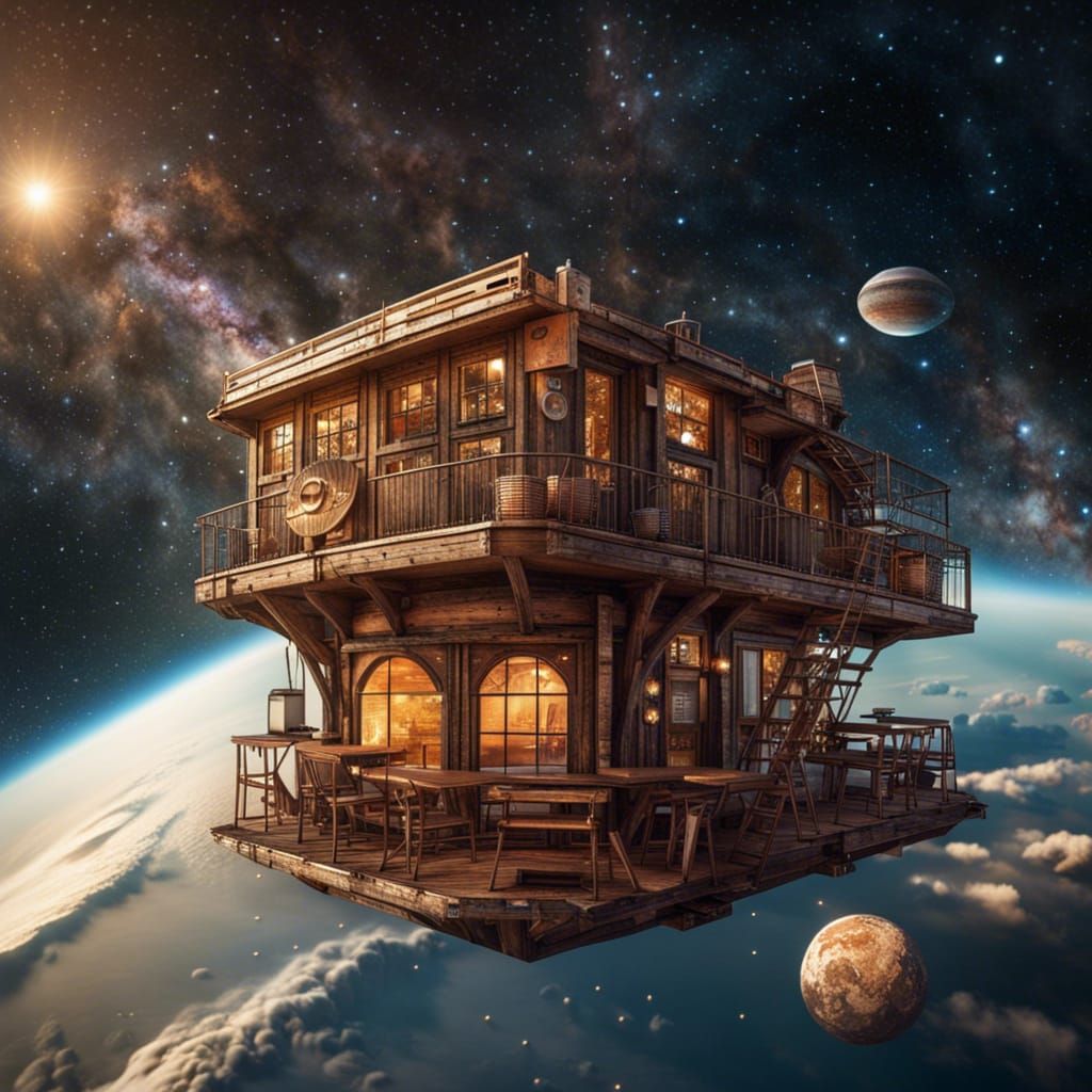Rustic Coffee House Drifting in Space