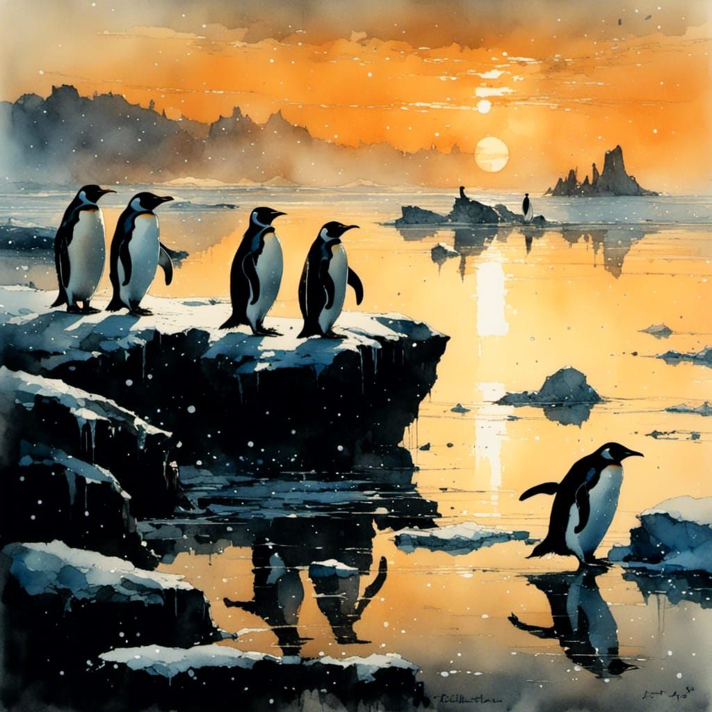 Penguins at Sunset in Antarctica: Watercolor Painting