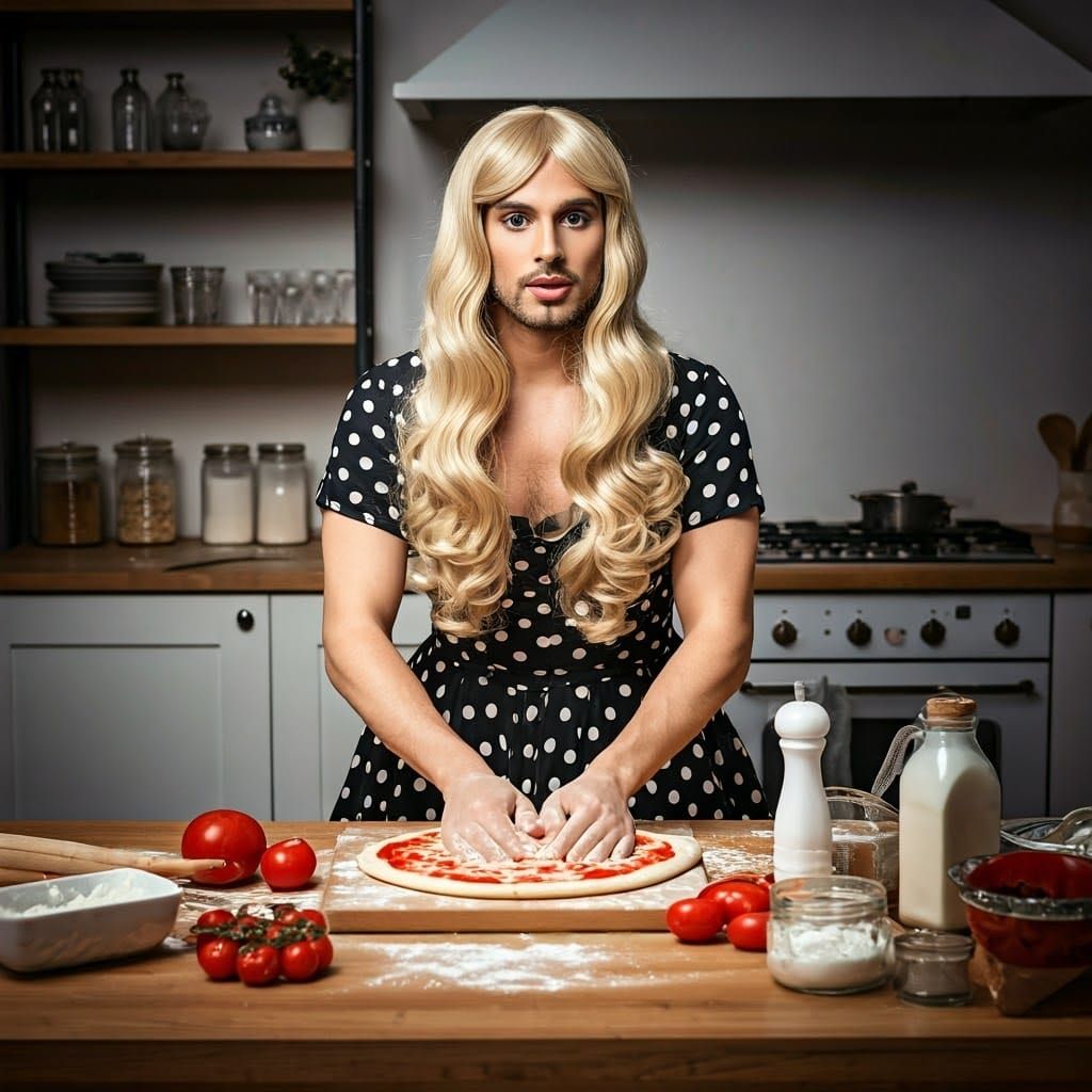 Androgynous Youth Kneads Pizza in 1950s Polka Dot Dress