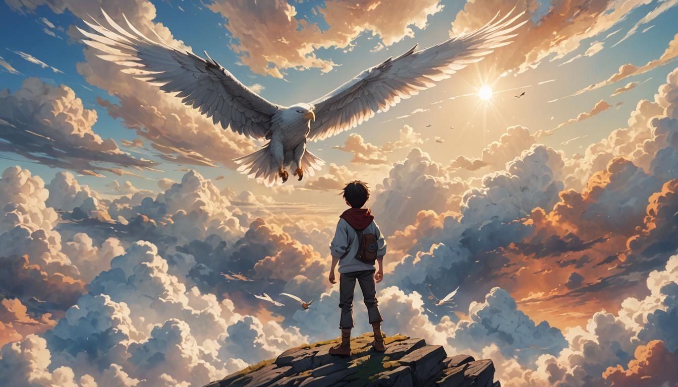 Anime Scene: Boy and Eagle in White Clouds