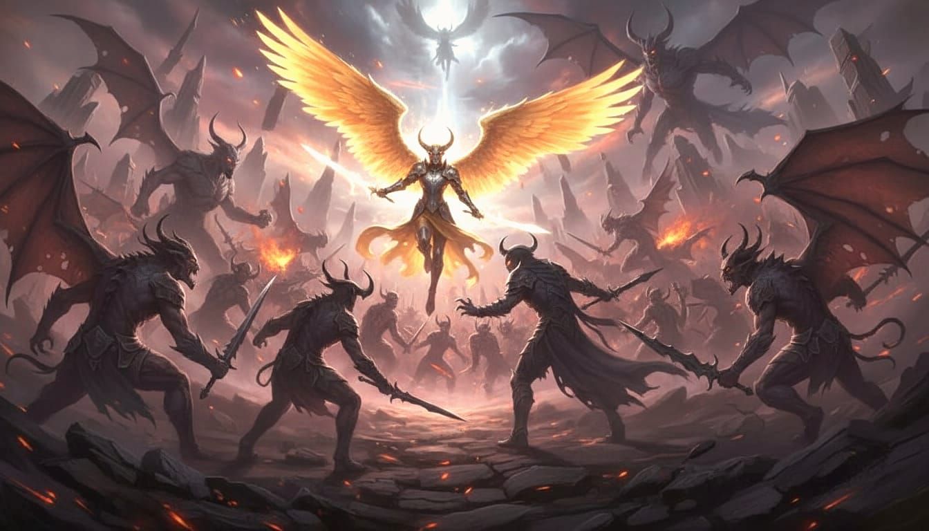 Celestial Beings vs Demons in Dark Fantasy Battle