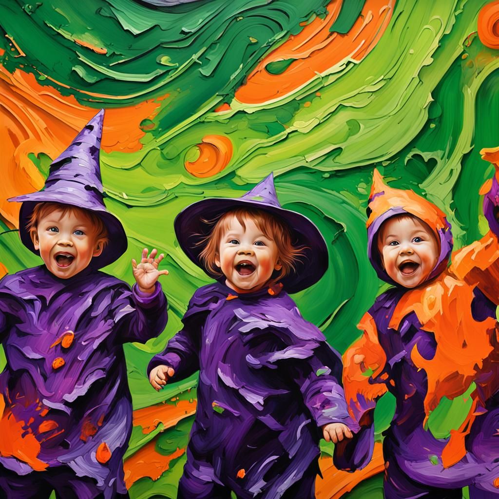 Happy Toddlers in Halloween Costumes, Abstract Expressionism