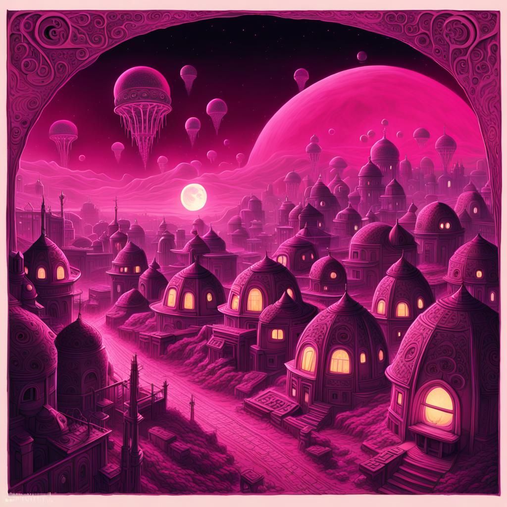 Sci-Fi Alien Village in Surrealist Style