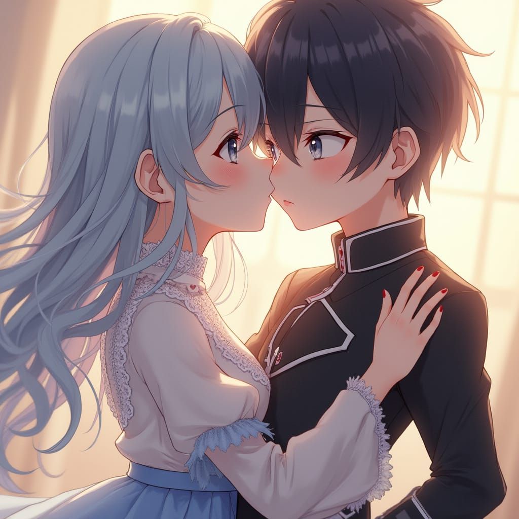 Teenage Girl Kissing Boy in Elegant Anime Style