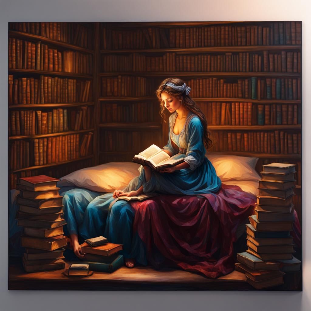 Young Woman Reading on Bed: Photorealistic Art