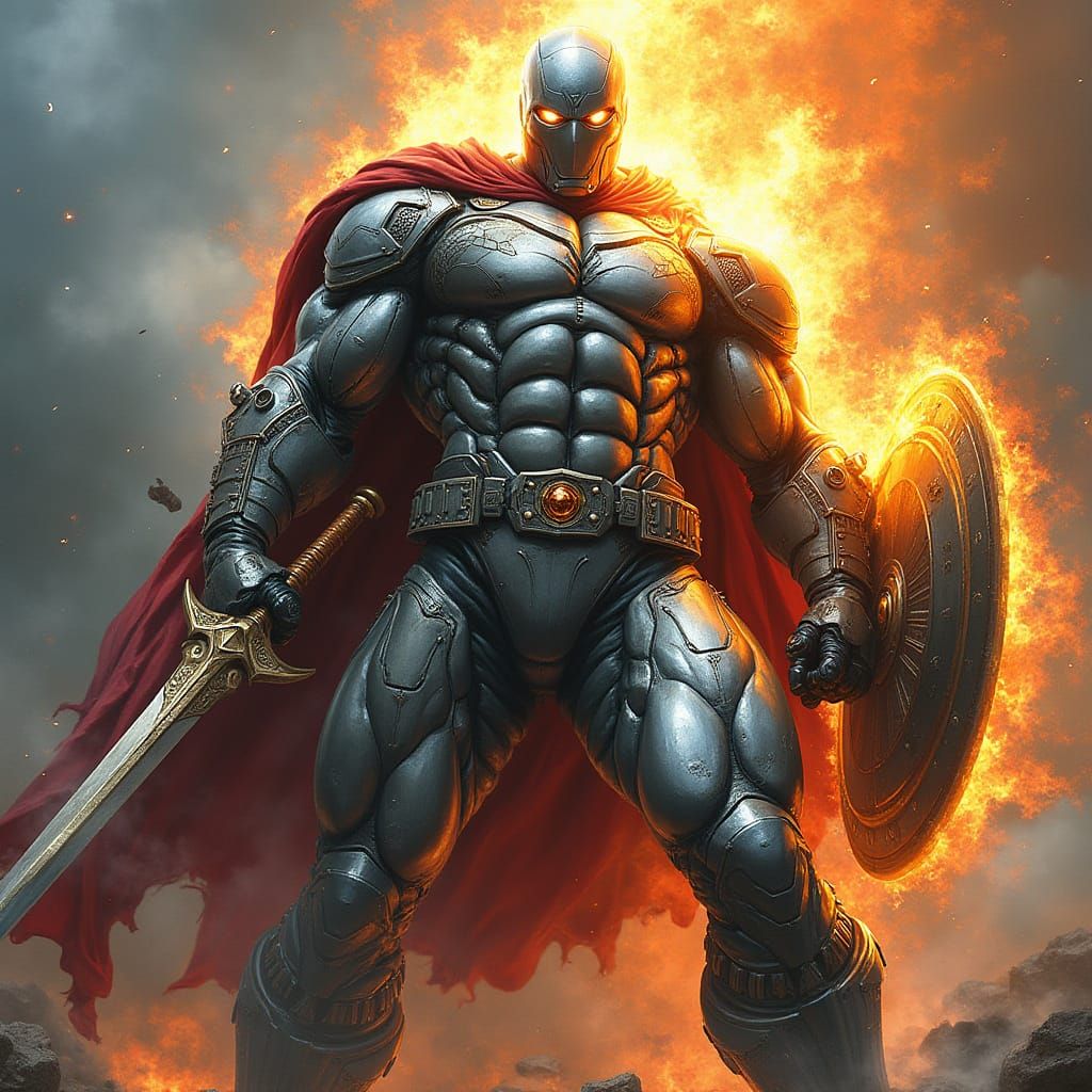 Titanium Superhero with Flaming Eyes, Comic Book Style