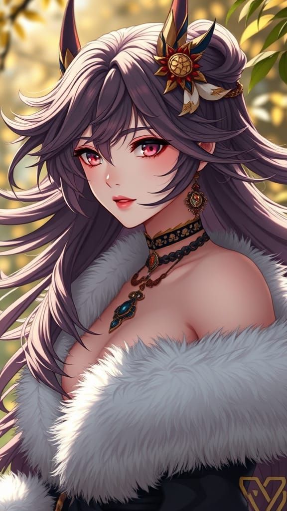 High-Fashion Model Portrait with Fur Jacket, Anime Style