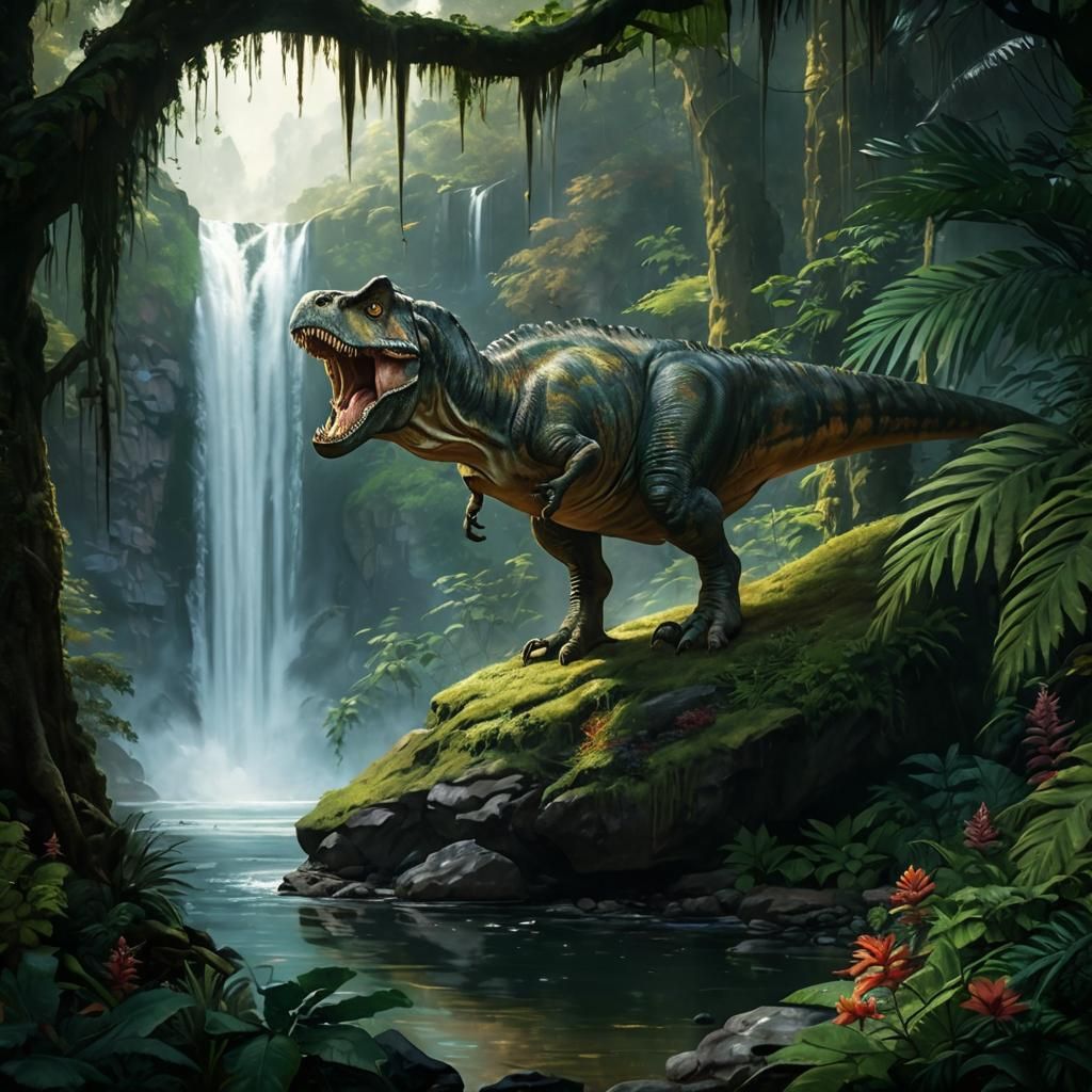 Tyrannosaurus Rex Roaring in Jungle, Oil Painting