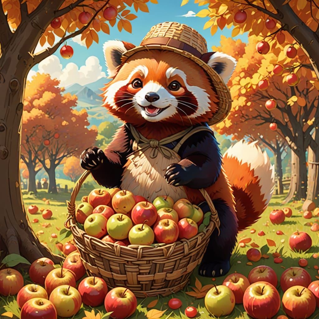 Anime Red Panda Harvests Glowing Apples in Sunlit Orchard