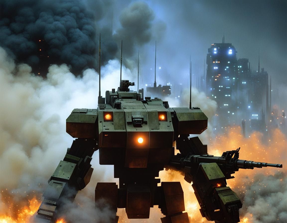 Sci-Fi Mech Warrior in Battlefield Inferno