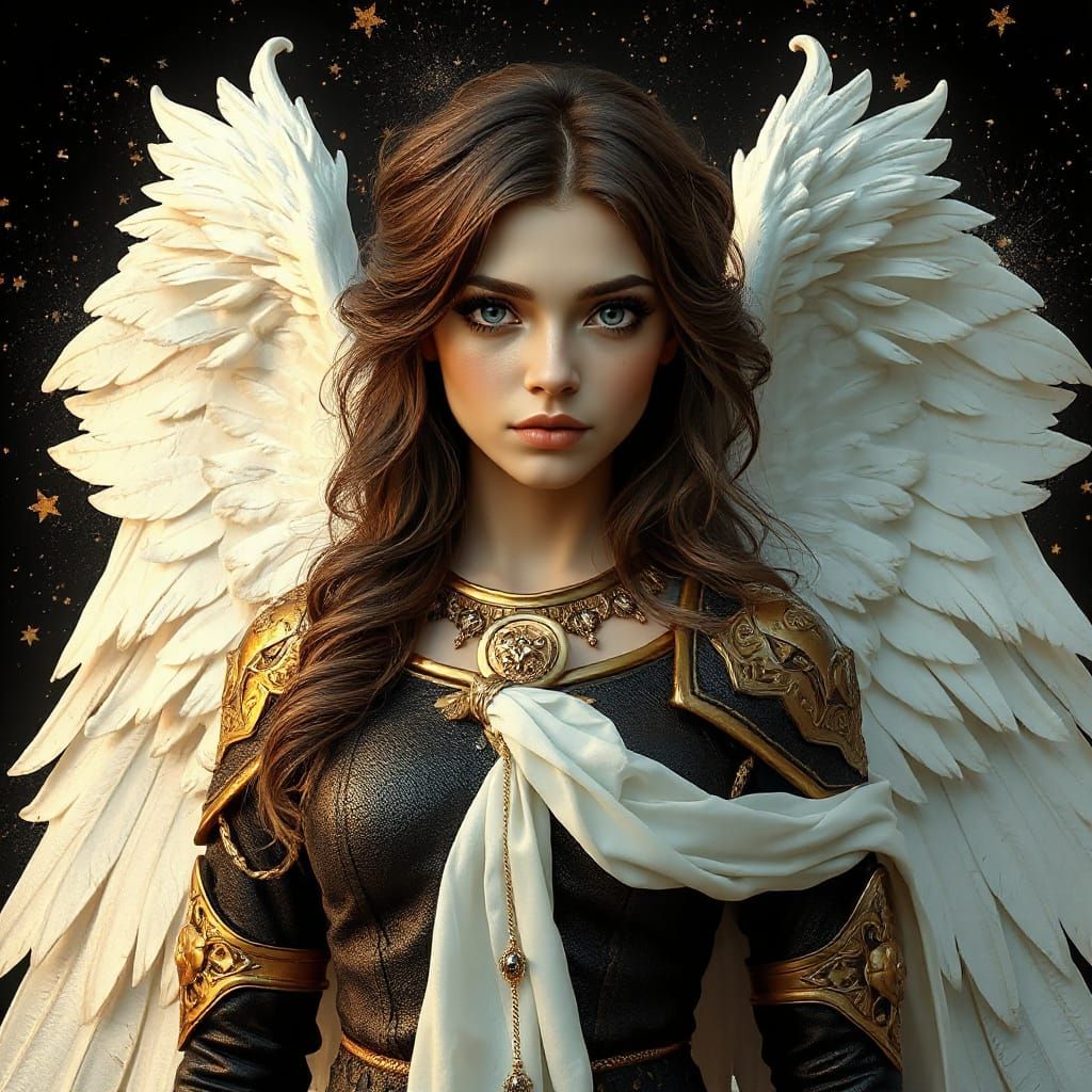 Ethereal Pre Raphaelite Angel in Black and Gold Armour