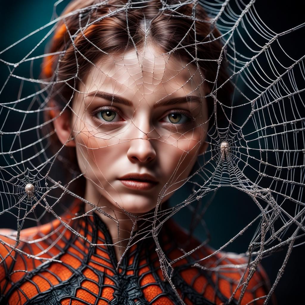 Miniature Woman Entangled in Exotic Spider Web