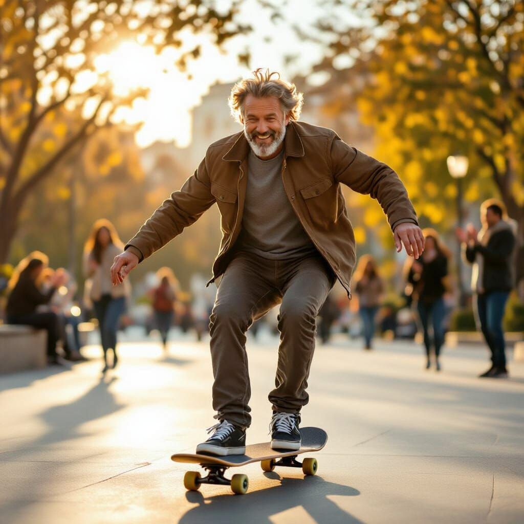 Energetic 50-Year-Old Man Skateboarding in Sunny Park