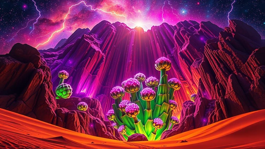 Cosmic Artichoke Oasis in Vibrant Neon Desert
