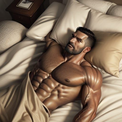 Muscle Man in Bed: Hyper-Realistic Digital Art