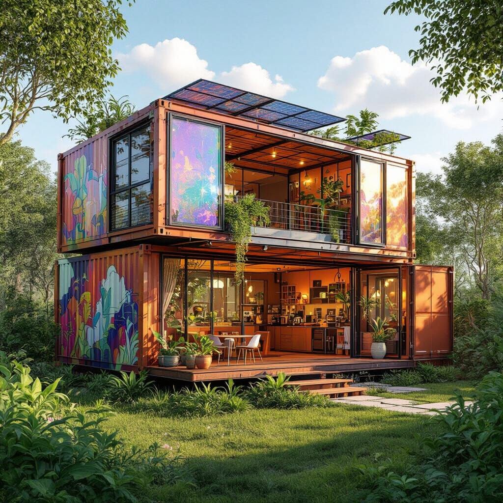 Solar Punk Shipping Container Farmhouse with Lush Greenery