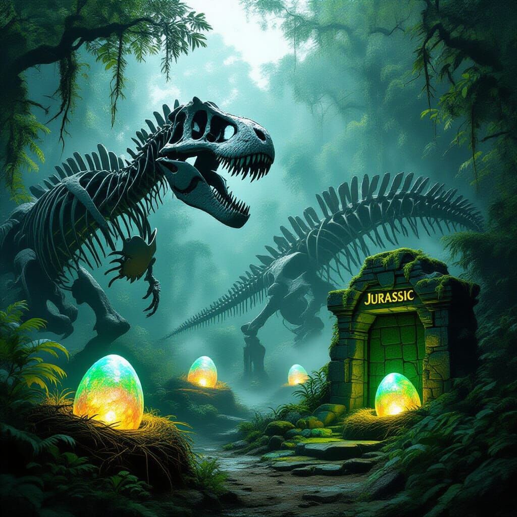 Mysterious Prehistoric Jungle with Dinosaur Skeletons