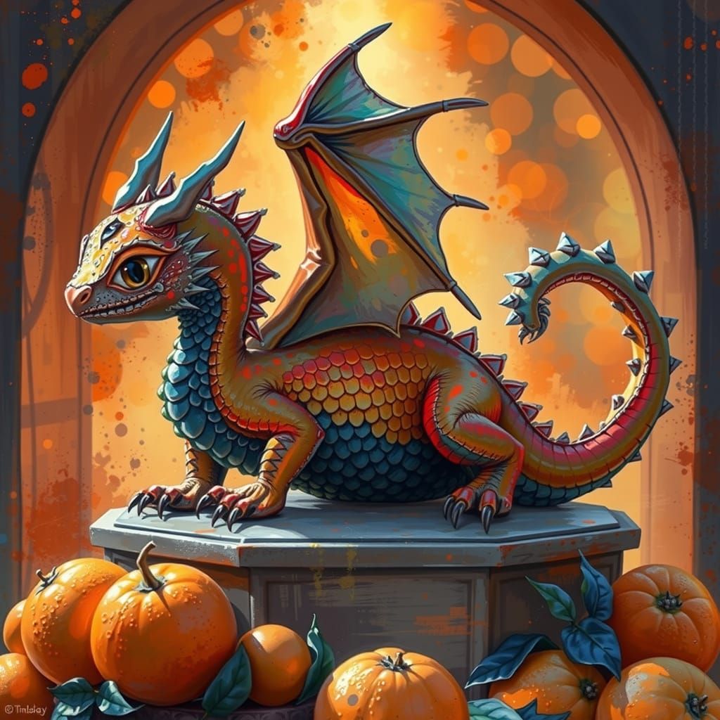 Whimsical Tiny Dragon in a Vibrant Orange Art Nouveau Scene