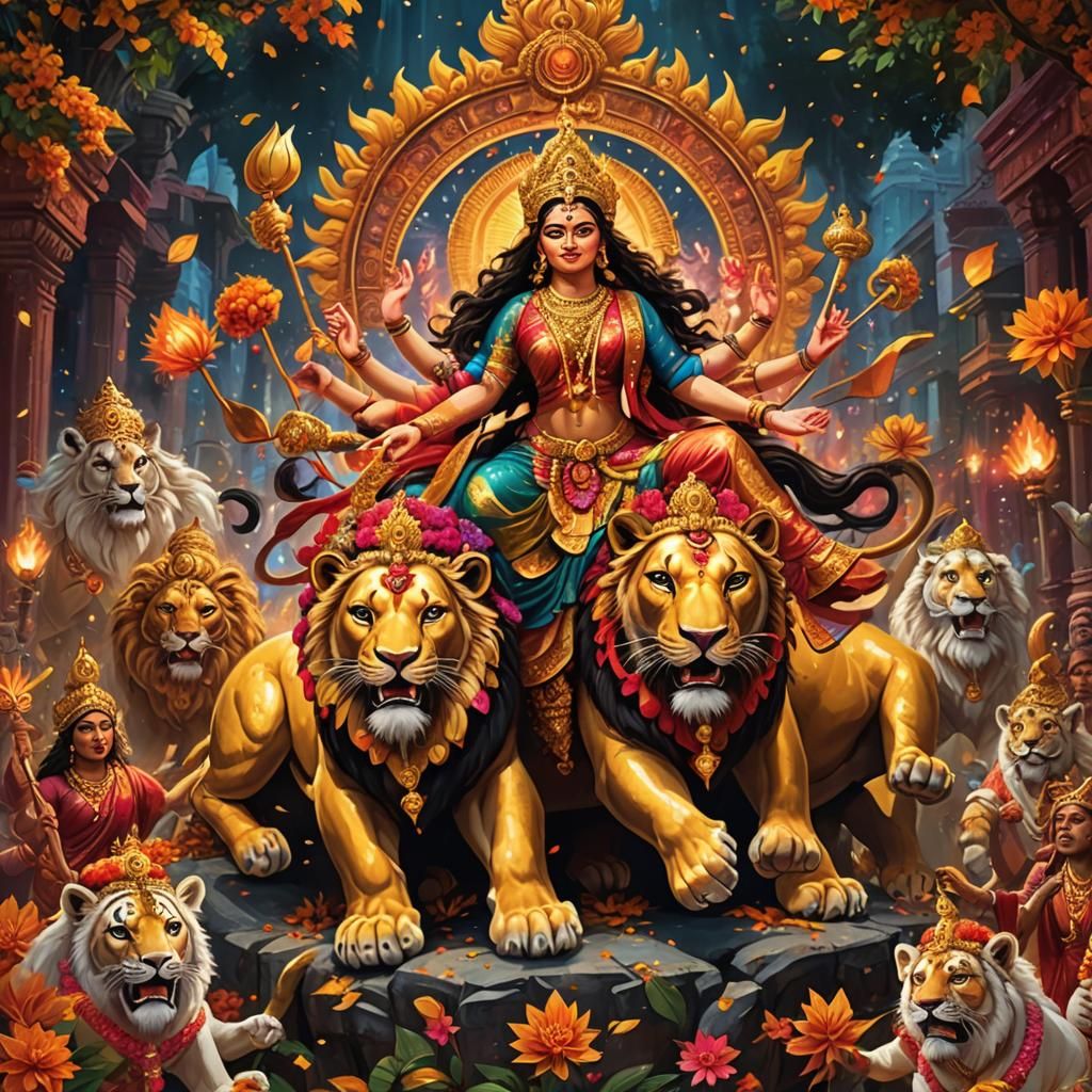 Goddess Durga Riding Lion in Vibrant Concept Art