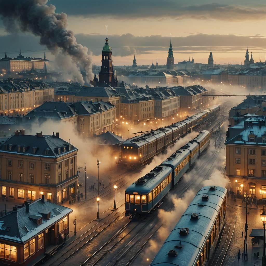 Vintage Helsinki Cityscape at Dusk in Art Deco Style