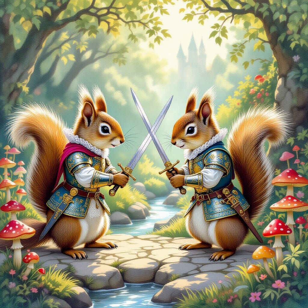 Squirrels in Armor Fencing in Enchanted Forest