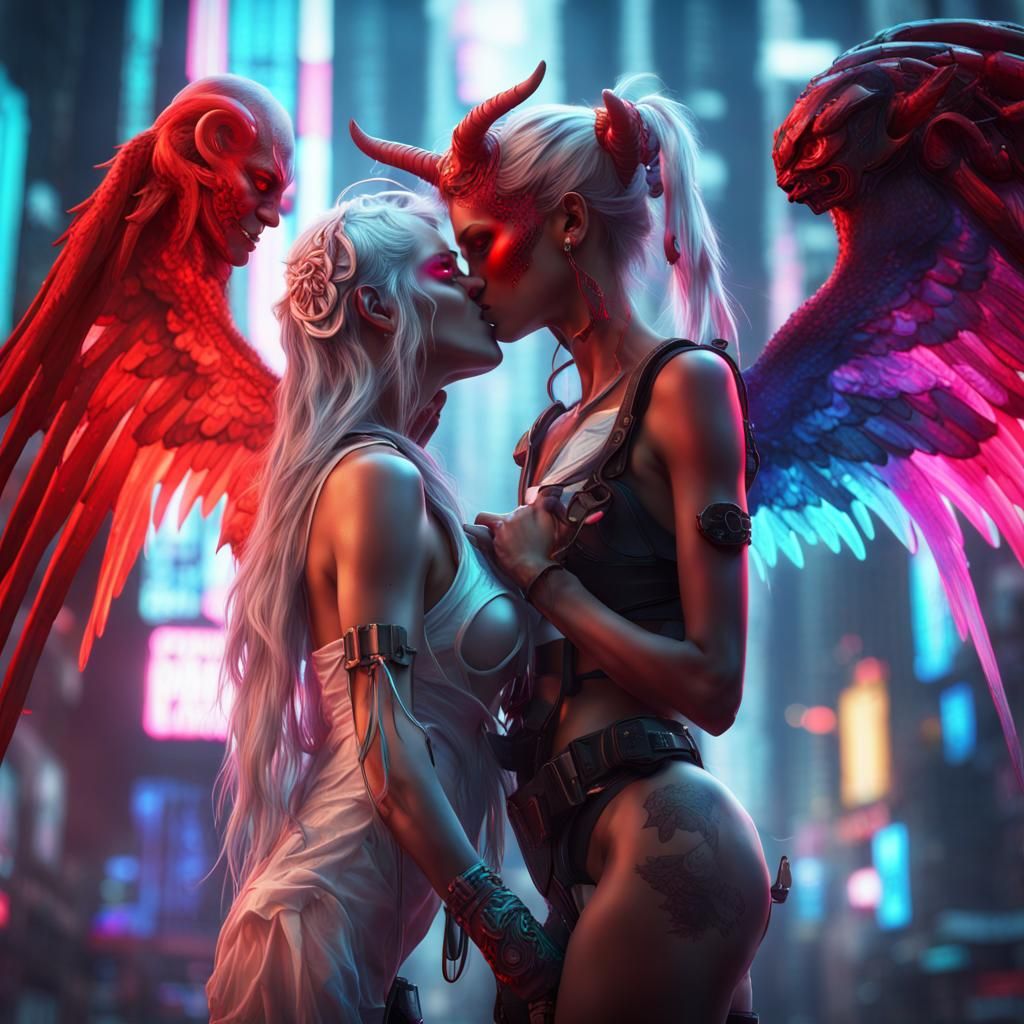 Angel and Demon Kiss in Cyberpunk Neon