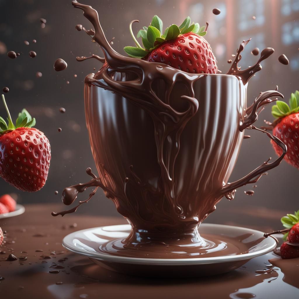 Strawberry Falls into Chocolate Cup: Detailed Matte Painting