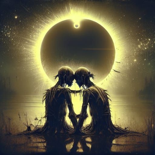 Skeletal Lovers Embrace on Ethereal Sea of Memories